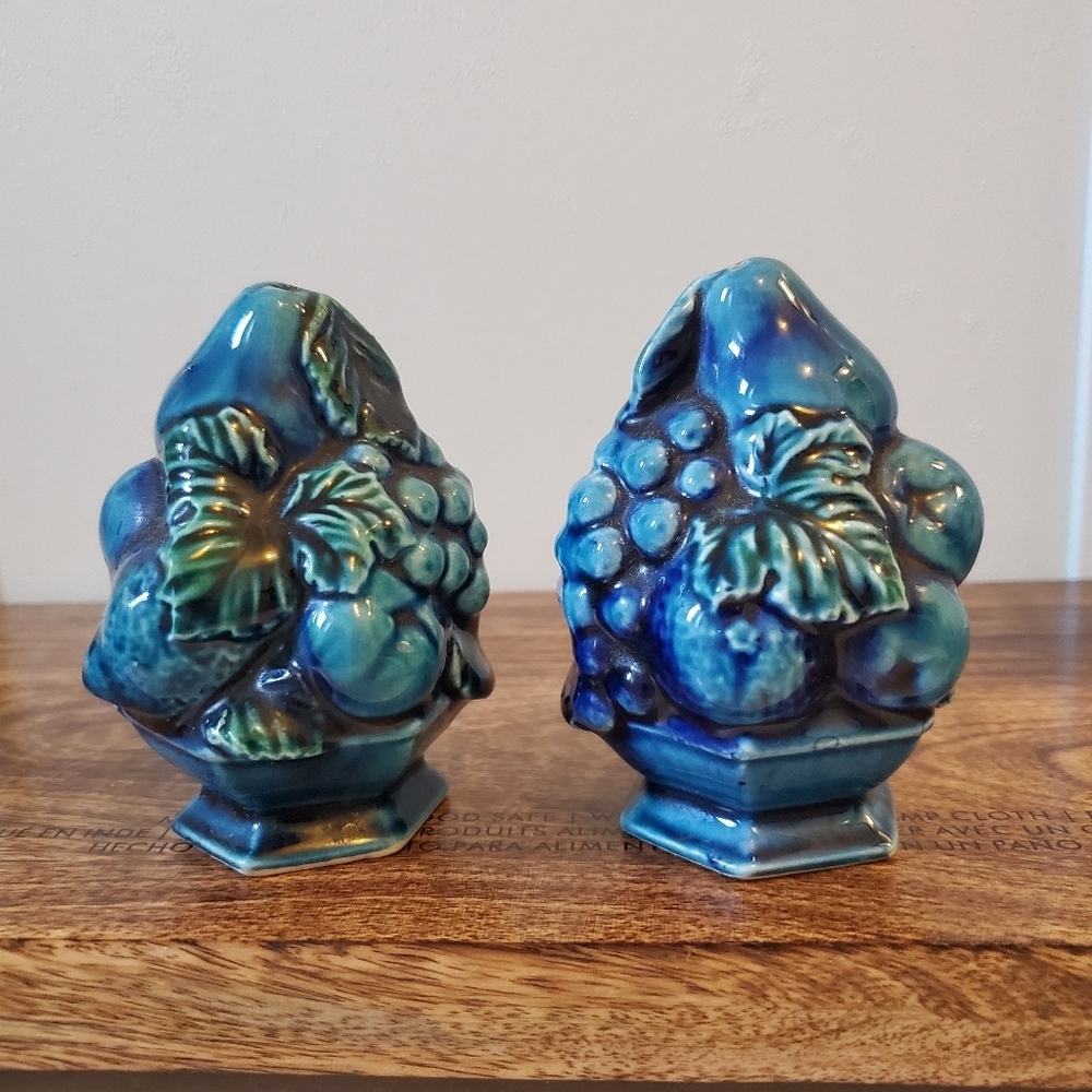 Vintage Blue Ceramic Fruit Salt and Pepper Shakers